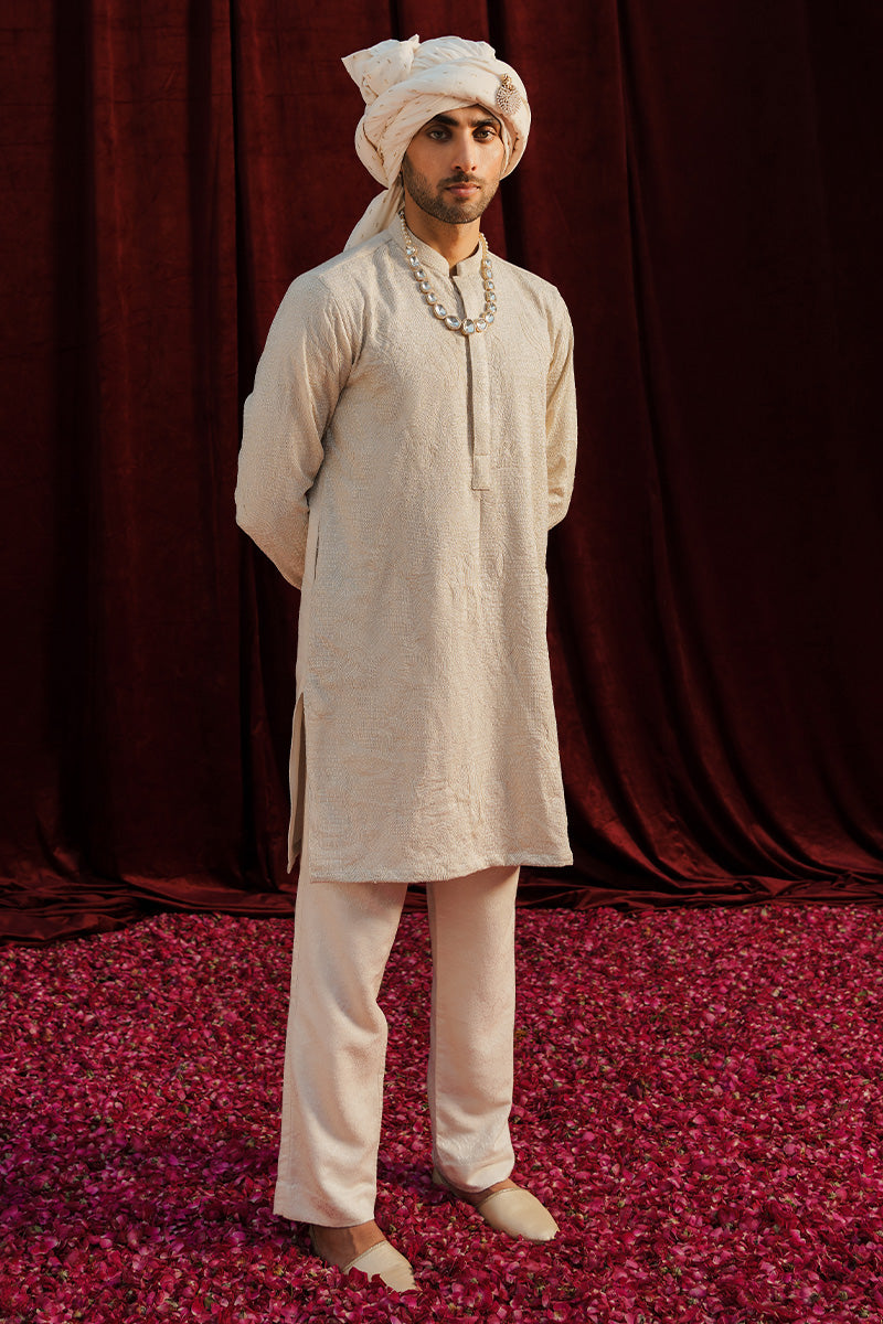 Ivory Embroidered Karandi Jacquard Kurta Pajama (2-Piece) - Image 1