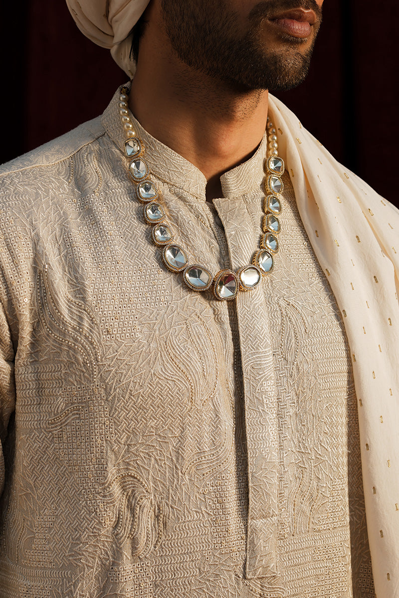 Ivory Embroidered Karandi Jacquard Kurta Pajama (2-Piece) - Image 3