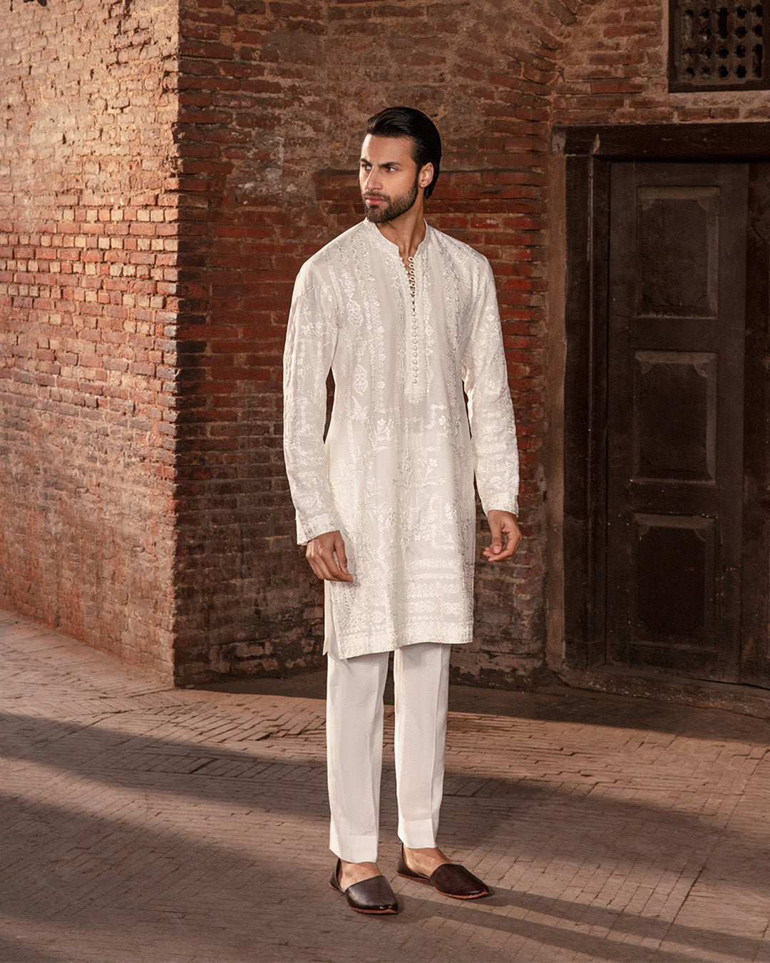 Off-White Embroidered Karandi Kurta (2-Piece) - Image 1