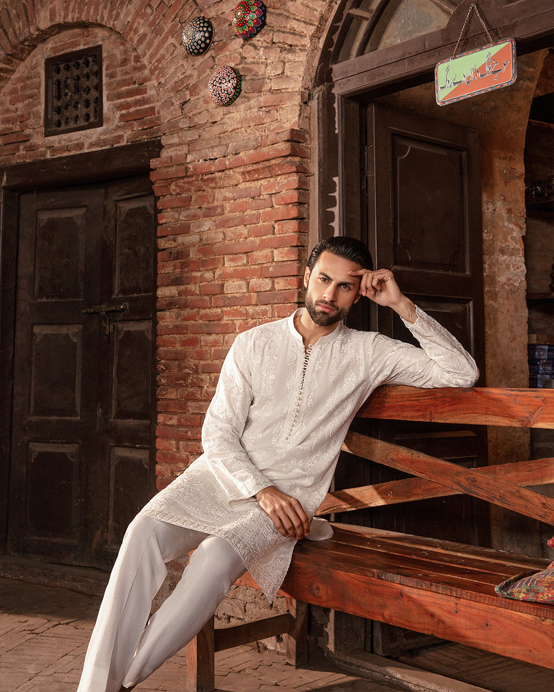 Off-White Embroidered Karandi Kurta (2-Piece) - Image 2