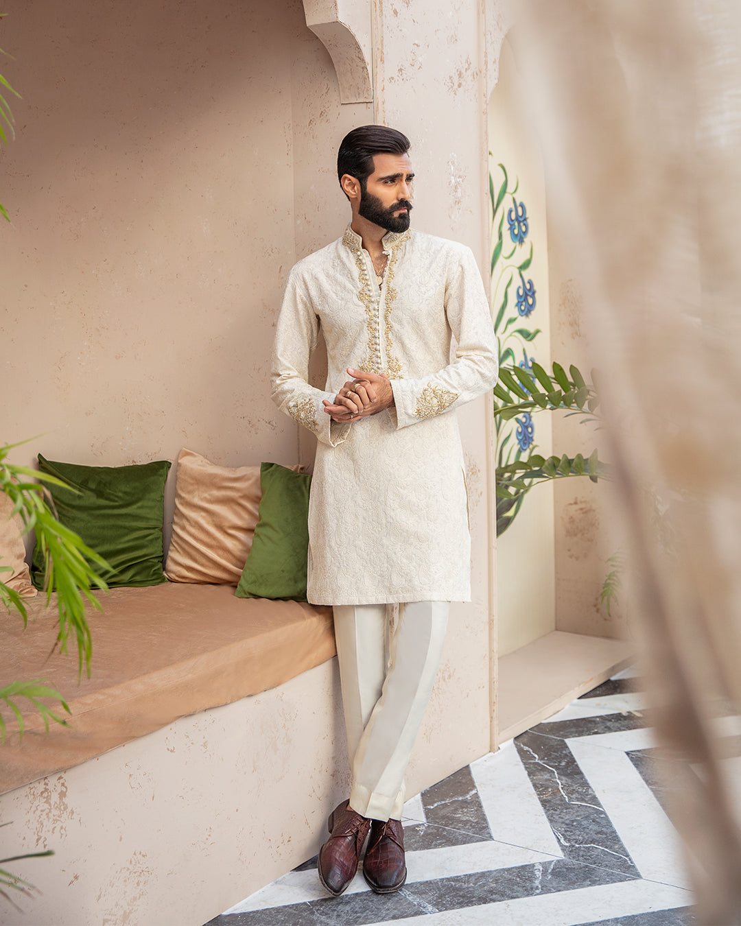 Ivory Hand-Embroidered Karandi Kurta (2-Piece) - Image 1
