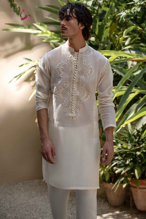 Off-White Embroidered Khaddi Cotton Kurta (2-Piece) - Image 10
