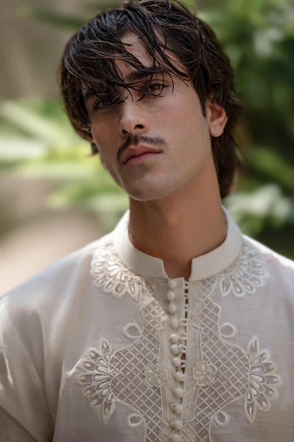 Off-White Embroidered Khaddi Cotton Kurta (2-Piece) - Image 6