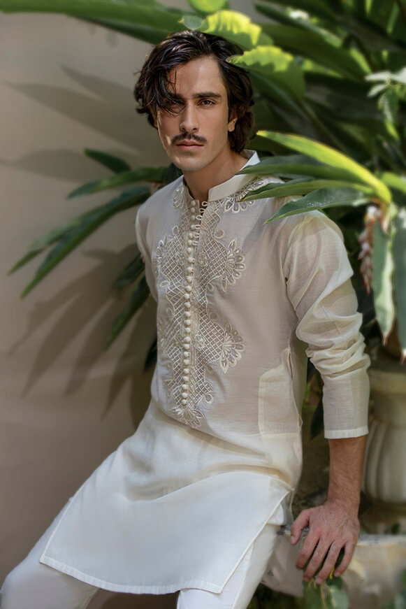Off-White Embroidered Khaddi Cotton Kurta (2-Piece) - Image 7