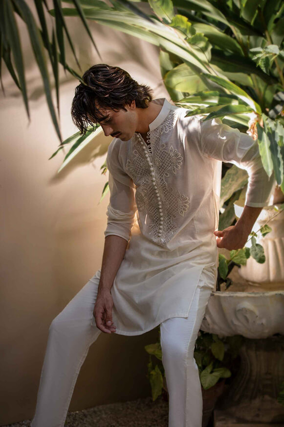 Off-White Embroidered Khaddi Cotton Kurta (2-Piece) - Image 8