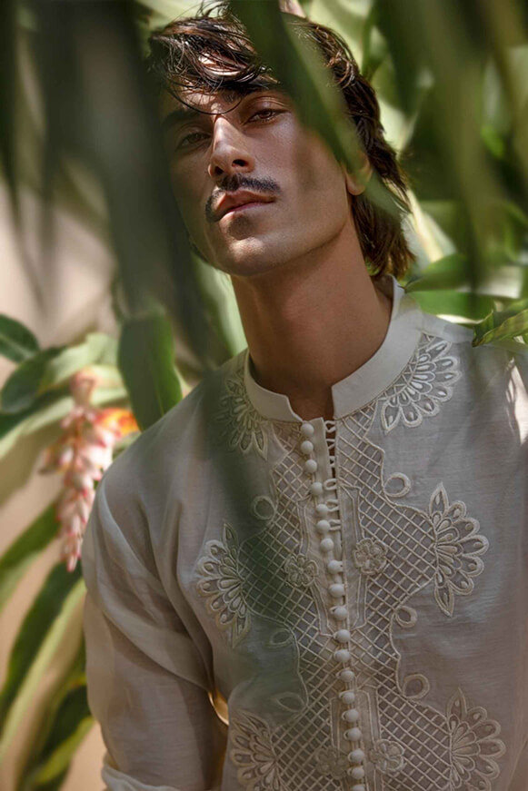 Off-White Embroidered Khaddi Cotton Kurta (2-Piece) - Image 9