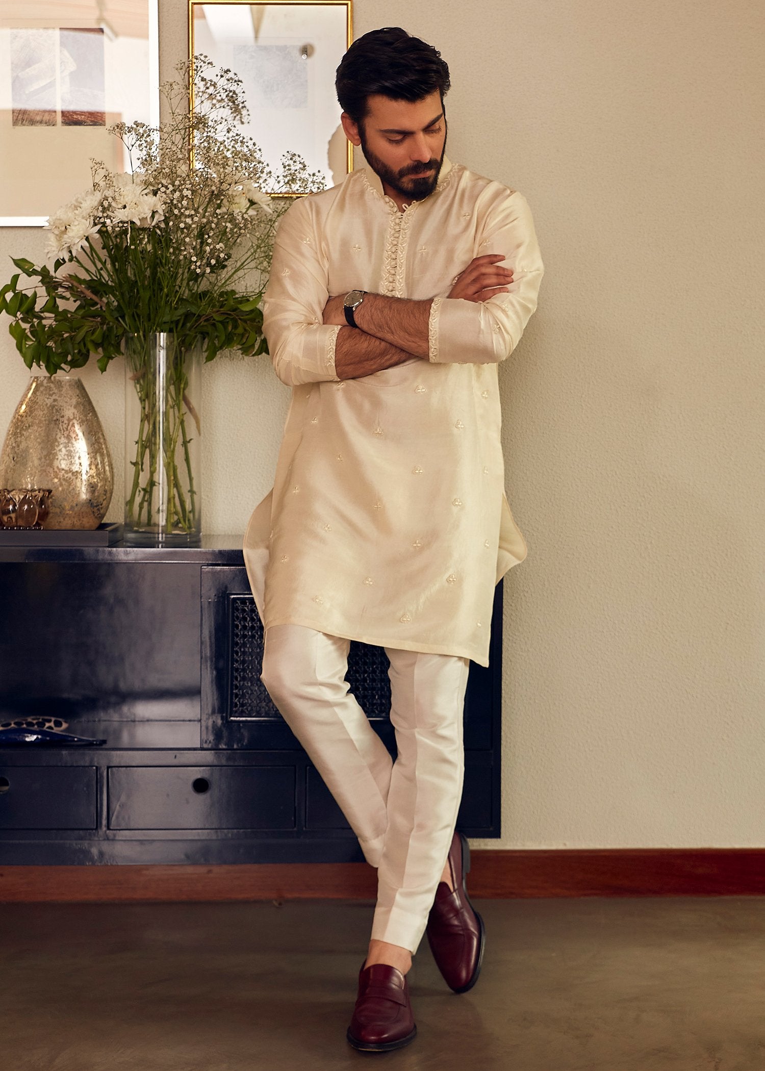 Ivory Embroidered Korean Rawsilk Kurta (2-Piece) - Image 1