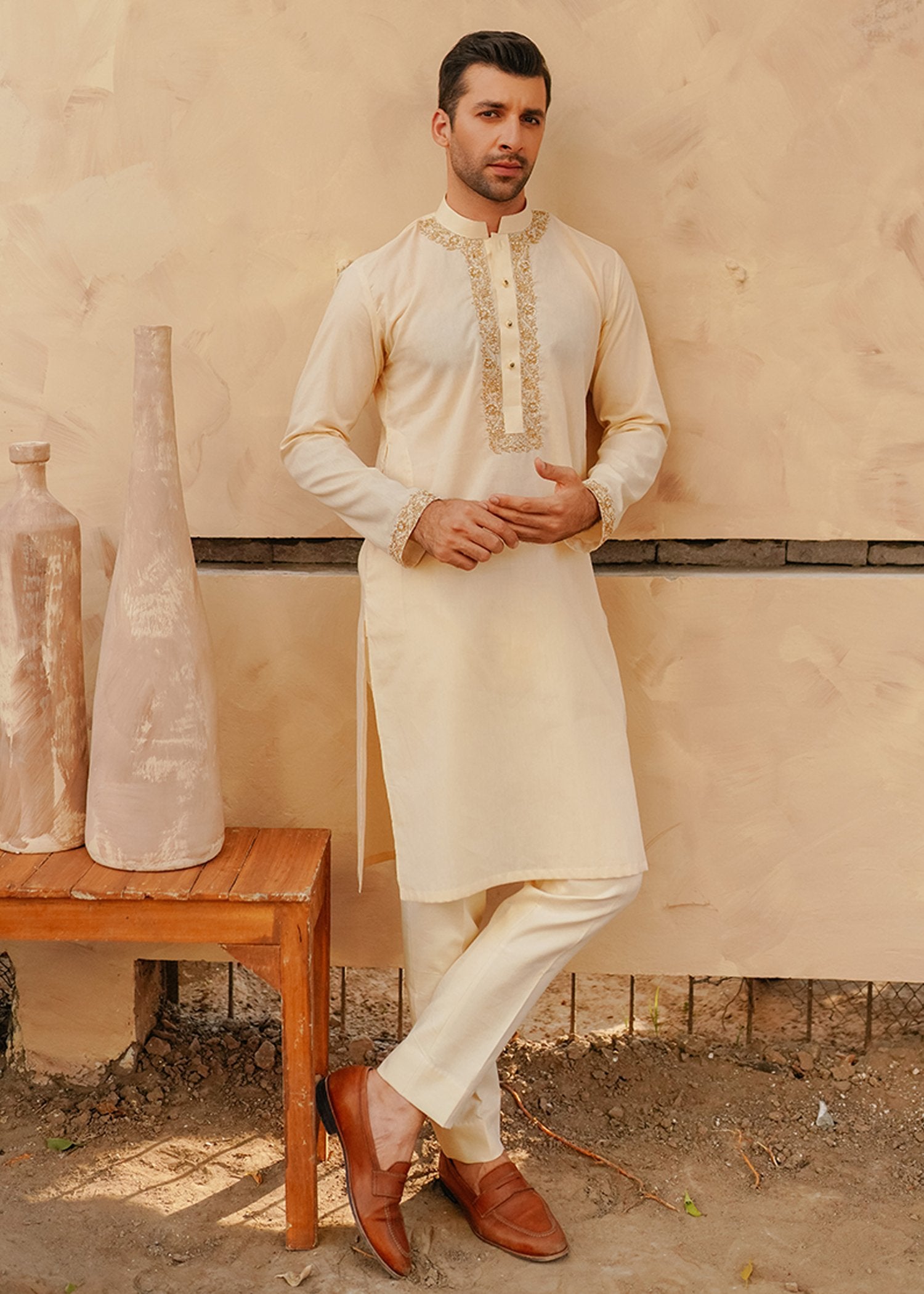 Cream Embroidered Lawn Men’s Kurta (2-Piece) - Image 1