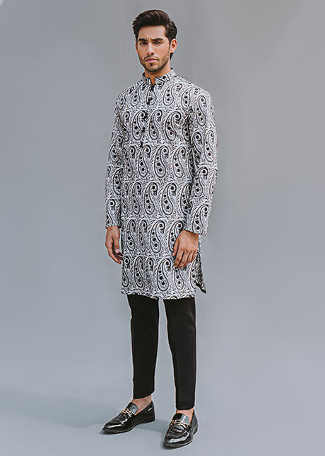 Ivory Kashmiri Paisley Embroidered Lawn Kurta (2-Piece) - Image 1