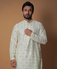 Cream Ivory Embroidered Pure Mirror Silk Kurta (2-Piece) - Image 2