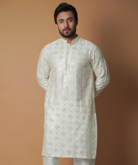 Cream Ivory Embroidered Pure Mirror Silk Kurta (2-Piece) - Image 3