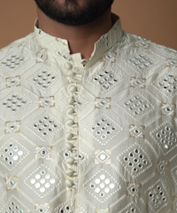 Cream Ivory Embroidered Pure Mirror Silk Kurta (2-Piece) - Image 4