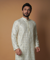 Cream Ivory Embroidered Pure Mirror Silk Kurta (2-Piece) - Image 5