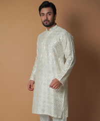 Cream Ivory Embroidered Pure Mirror Silk Kurta (2-Piece) - Image 6