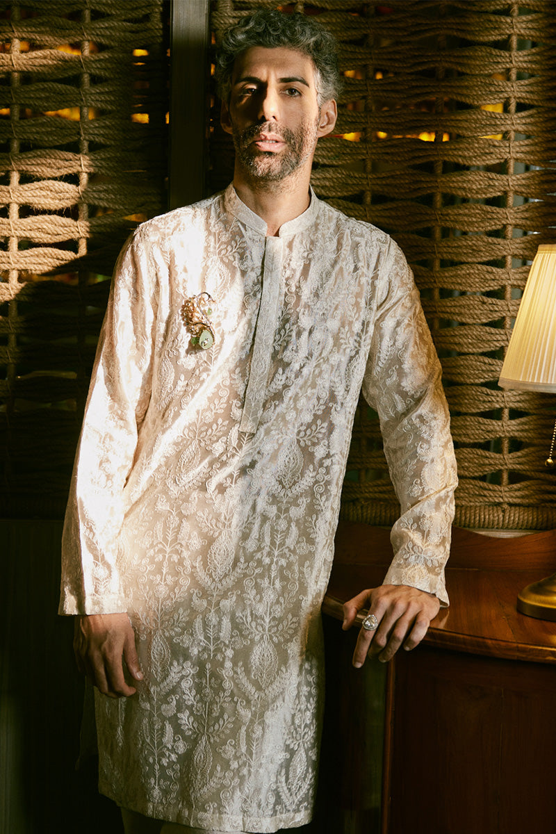 Ivory Embroidered Tissue Organza Kurta Pajama (3-Piece) - Image 1