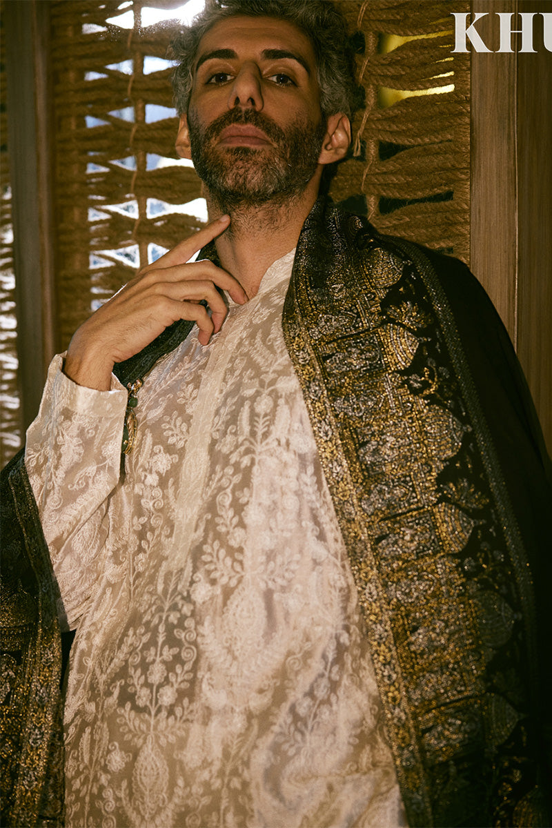 Ivory Embroidered Tissue Organza Kurta Pajama (3-Piece) - Image 3