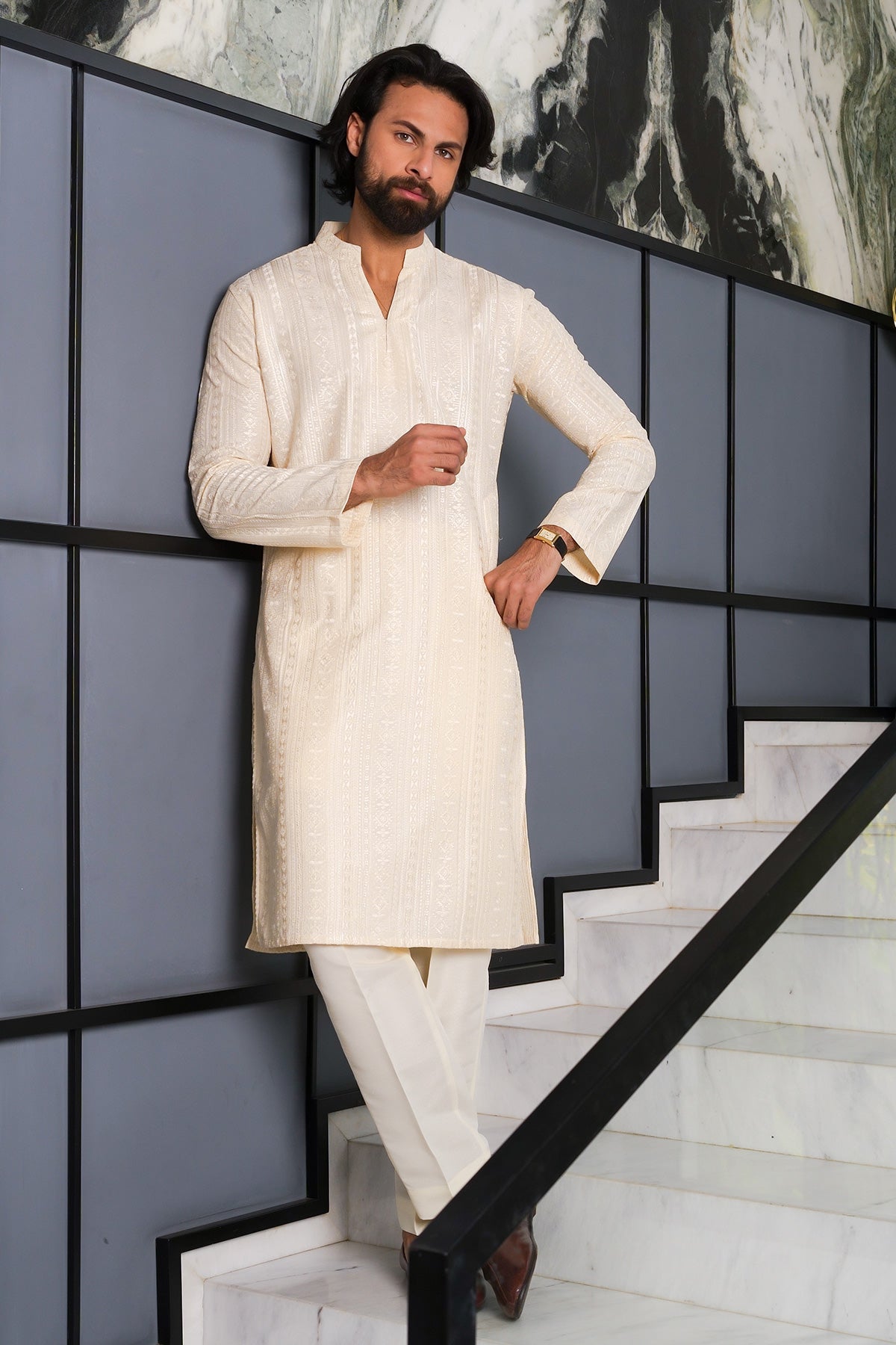 Cream Embroidered Kurta Set (2-Piece) - Image 1