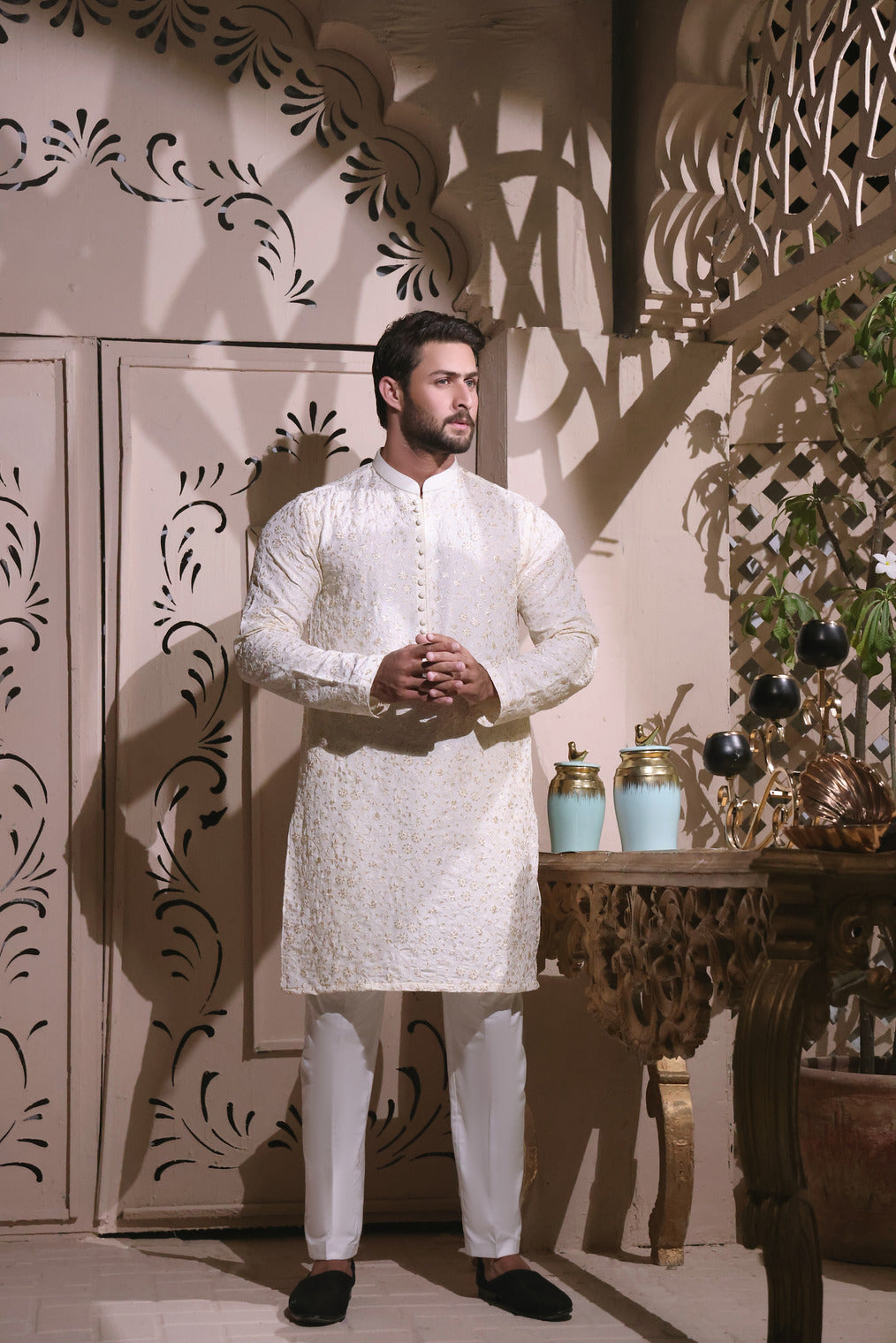 Cream Embroidered Raw Silk Kurta (2-Piece) - Image 1