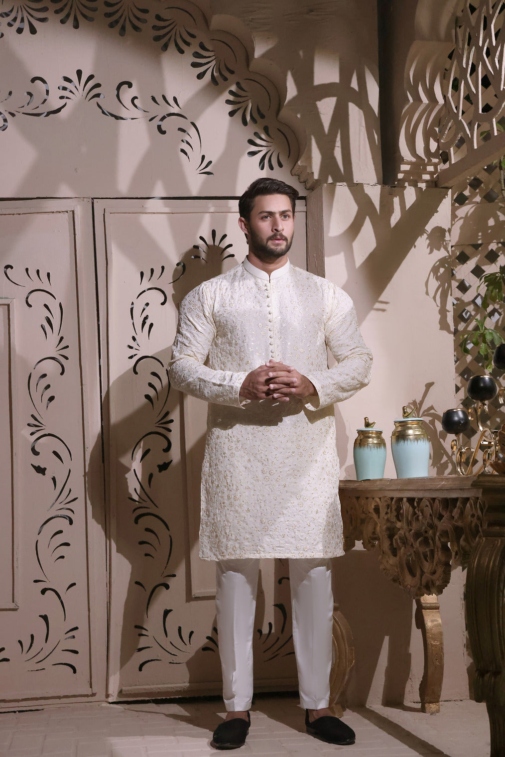 Cream Embroidered Raw Silk Kurta (2-Piece) - Image 2