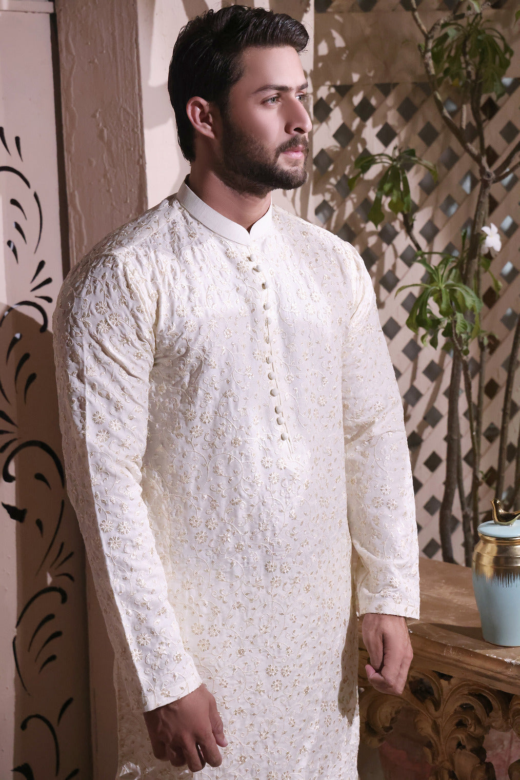 Cream Embroidered Raw Silk Kurta (2-Piece) - Image 3