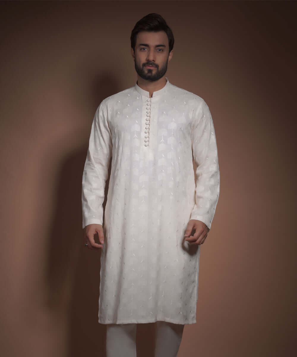 Ivory Floral Embroidered Raw Silk Kurta Pyjama (2-Piece) - Image 1
