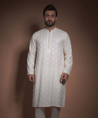 Ivory Floral Embroidered Raw Silk Kurta Pyjama (2-Piece) - Image 2