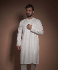 Ivory Floral Embroidered Raw Silk Kurta Pyjama (2-Piece) - Image 3