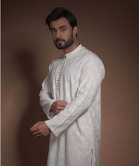 Ivory Floral Embroidered Raw Silk Kurta Pyjama (2-Piece) - Image 4
