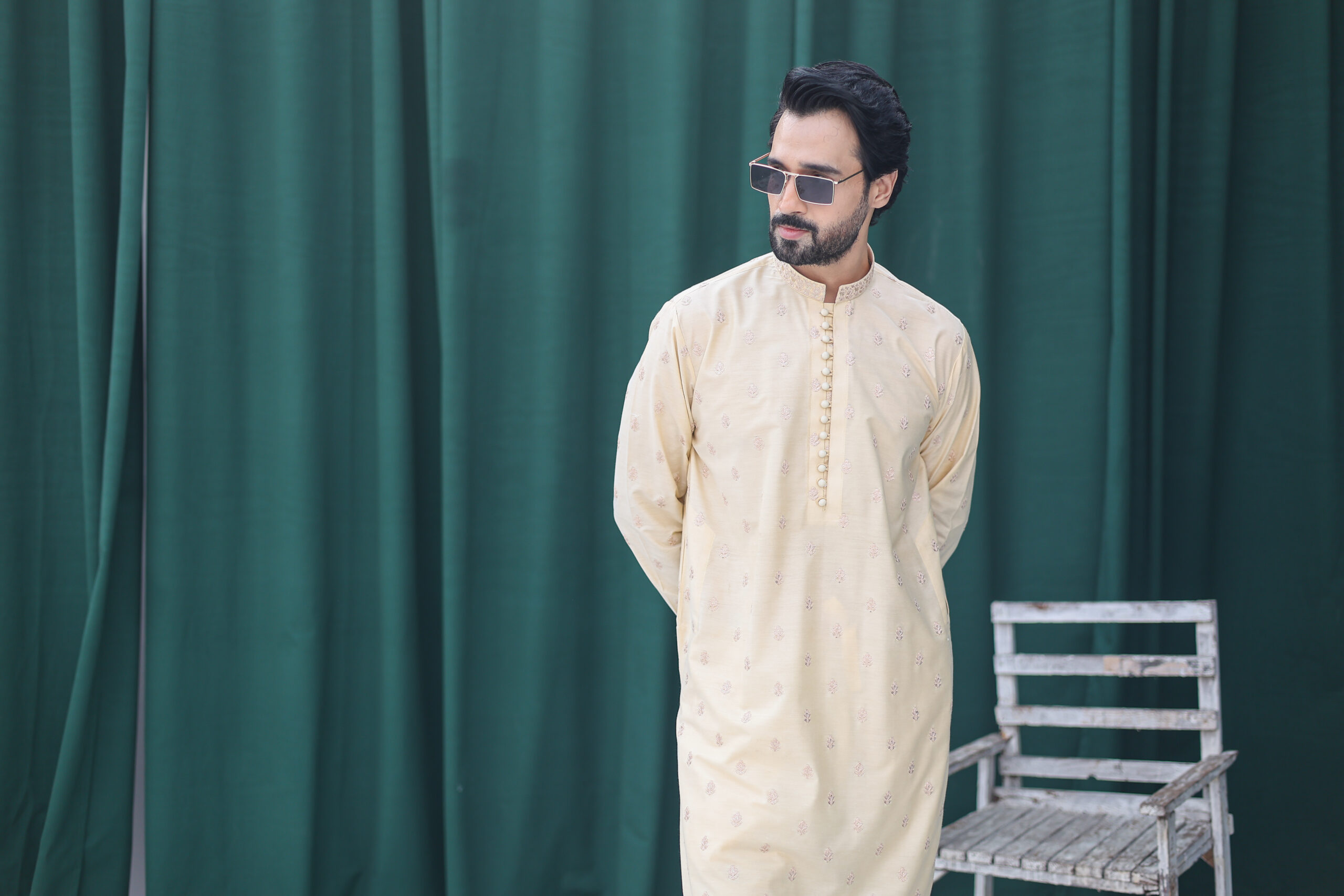 Ivory Hand Embroidered Raw Silk Men’s Kurta (2-Piece) - Image 6