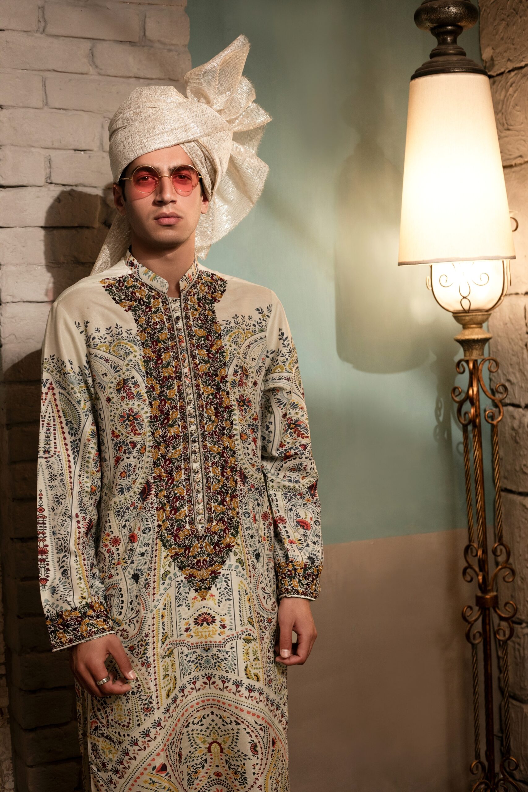 Ivory Digital Print Thread Embroidered Silk Kurta (2-Piece) - Image 6