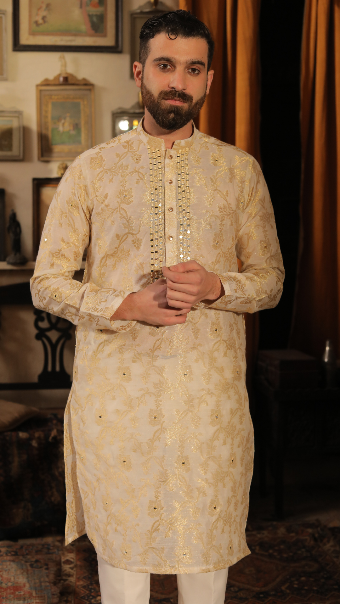 Ivory Mirror Work Silk-Blend Kurta Pajama (2-Piece) - Image 1