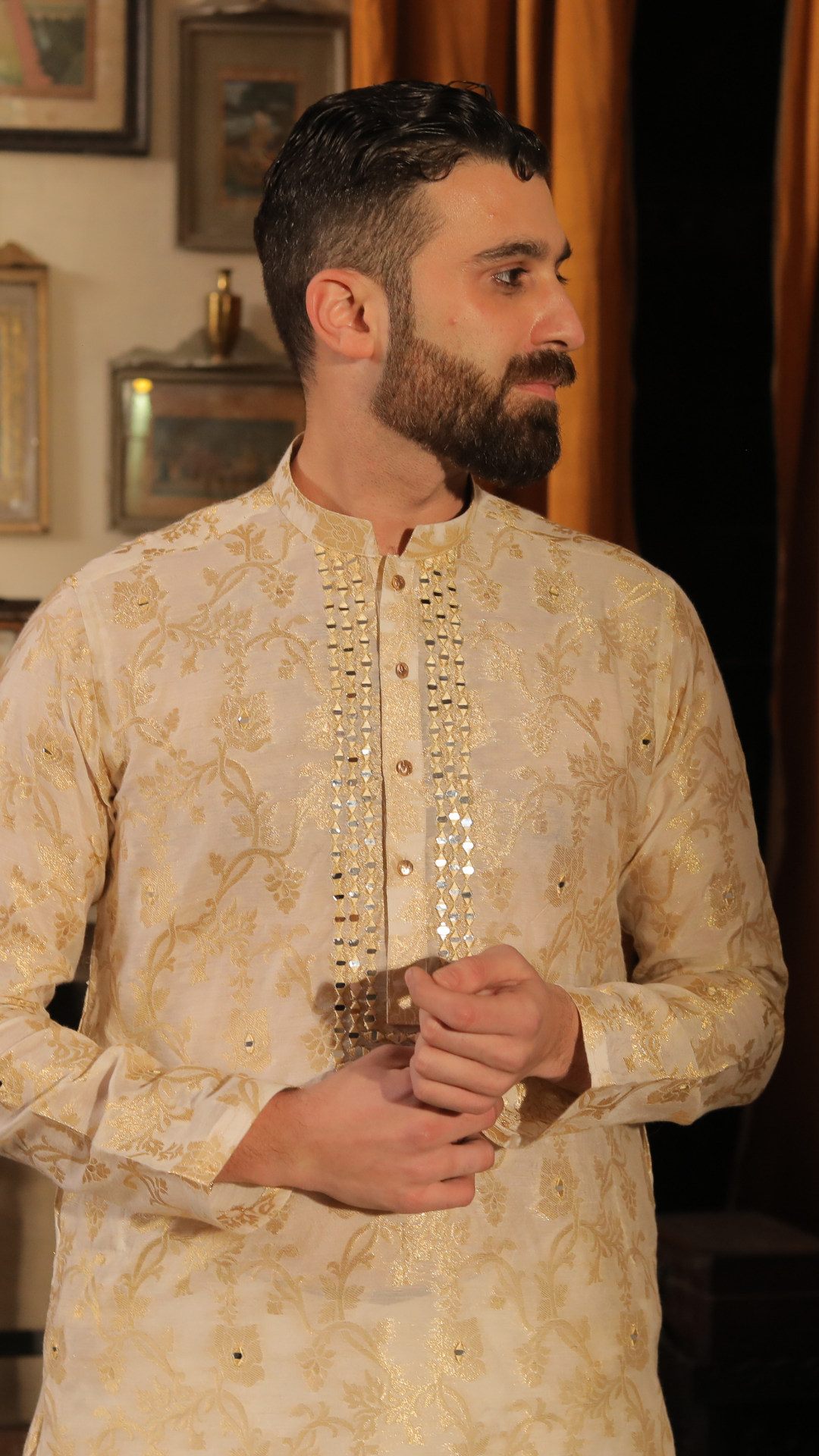 Ivory Mirror Work Silk-Blend Kurta Pajama (2-Piece) - Image 2