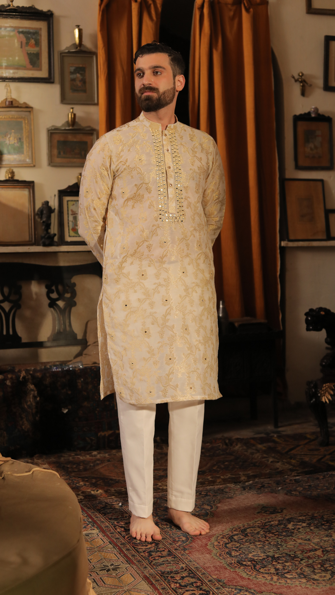 Ivory Mirror Work Silk-Blend Kurta Pajama (2-Piece) - Image 3