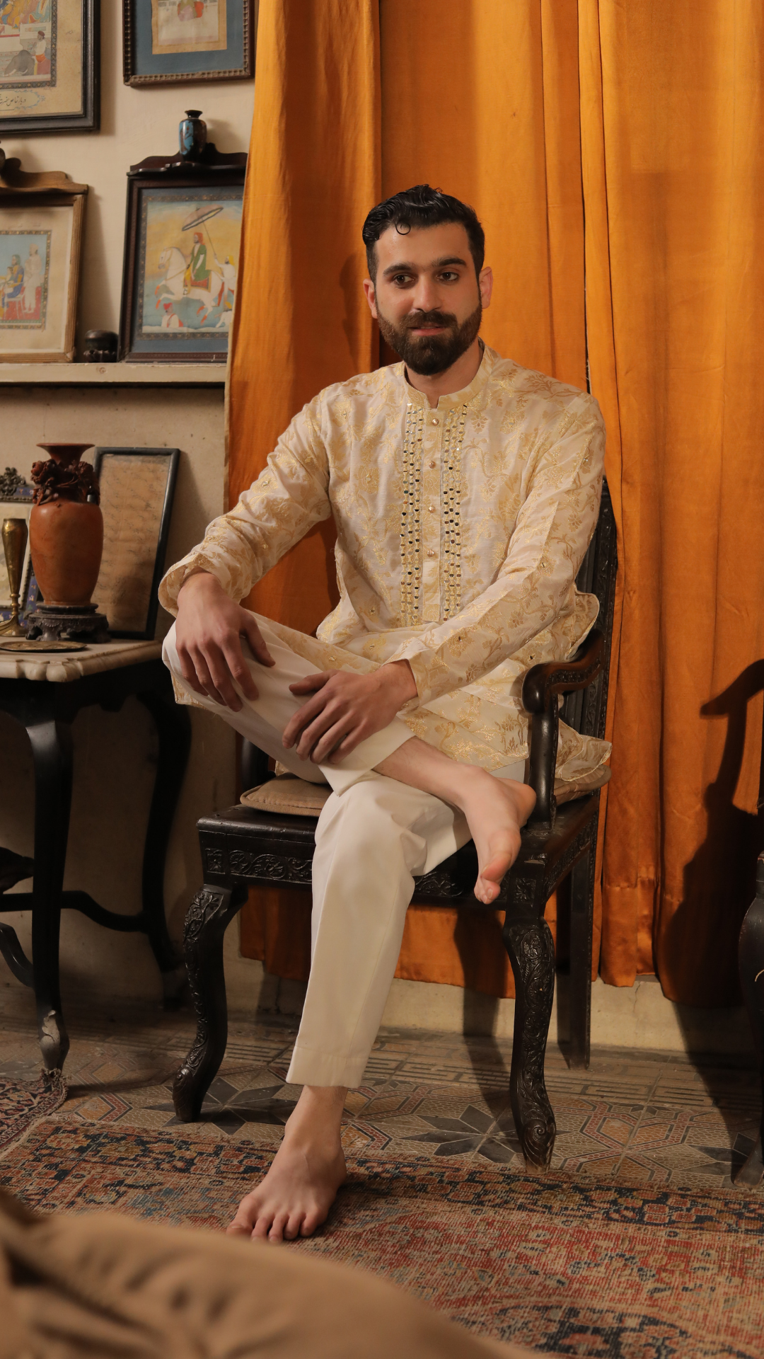 Ivory Mirror Work Silk-Blend Kurta Pajama (2-Piece) - Image 5