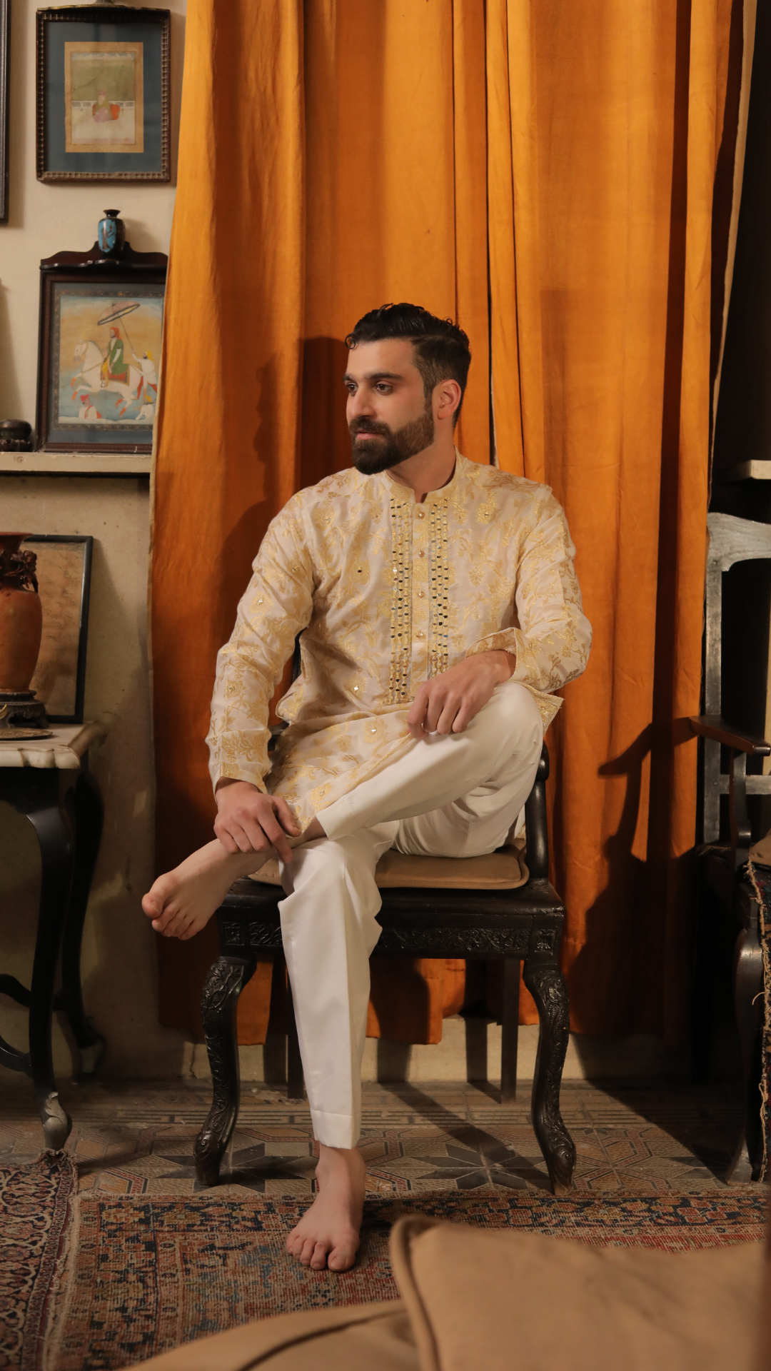Ivory Mirror Work Silk-Blend Kurta Pajama (2-Piece) - Image 6