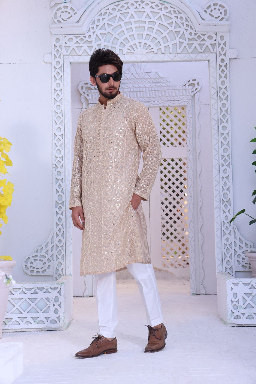Antique White Mirror-Embroidered Silk-Blend Kurta (2-Piece) - Image 1