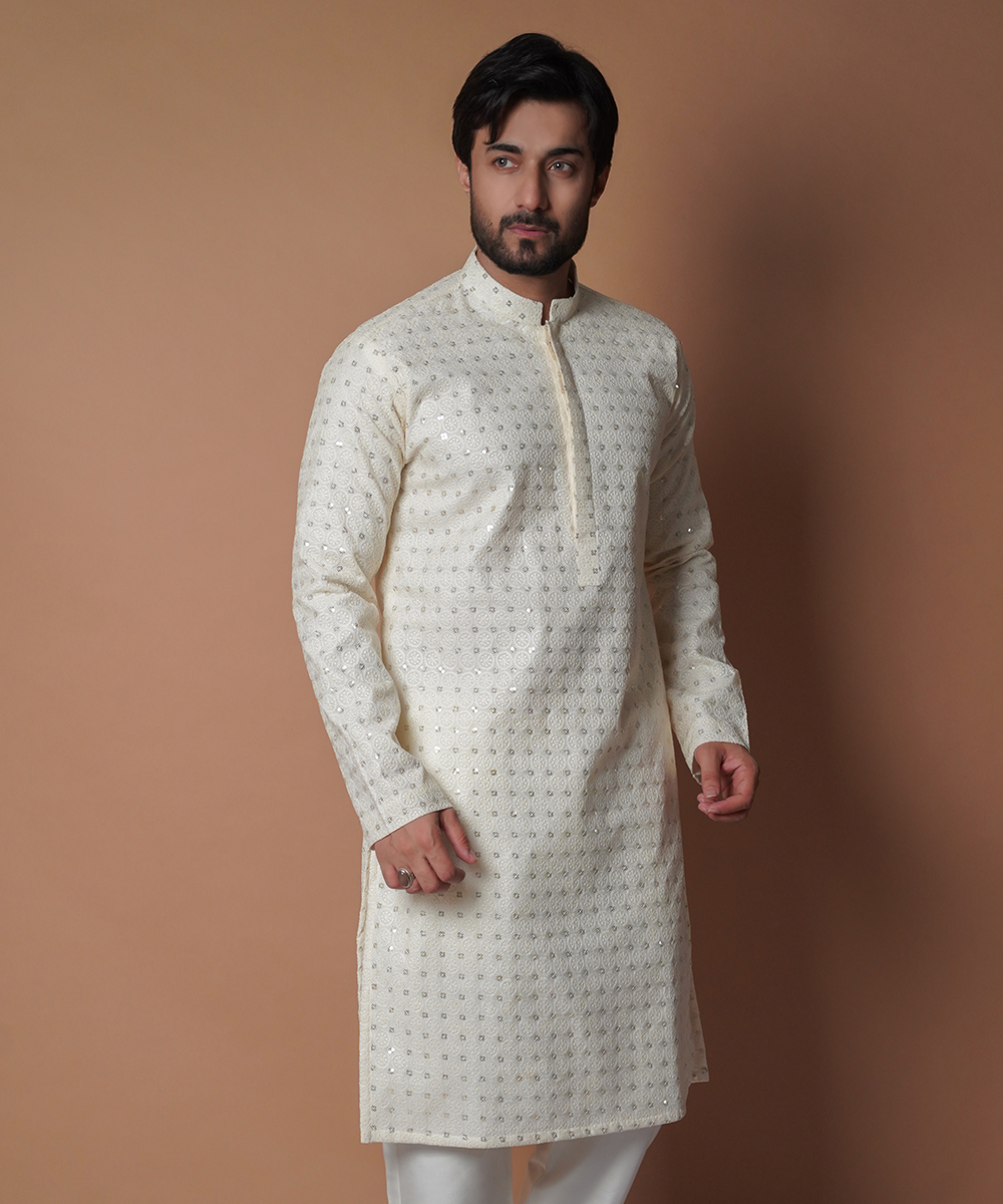 Ivory Resham Embroidered Silk-Blend Kurta & Pyjama (2-Piece) - Image 1