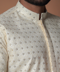 Ivory Resham Embroidered Silk-Blend Kurta & Pyjama (2-Piece) - Image 3