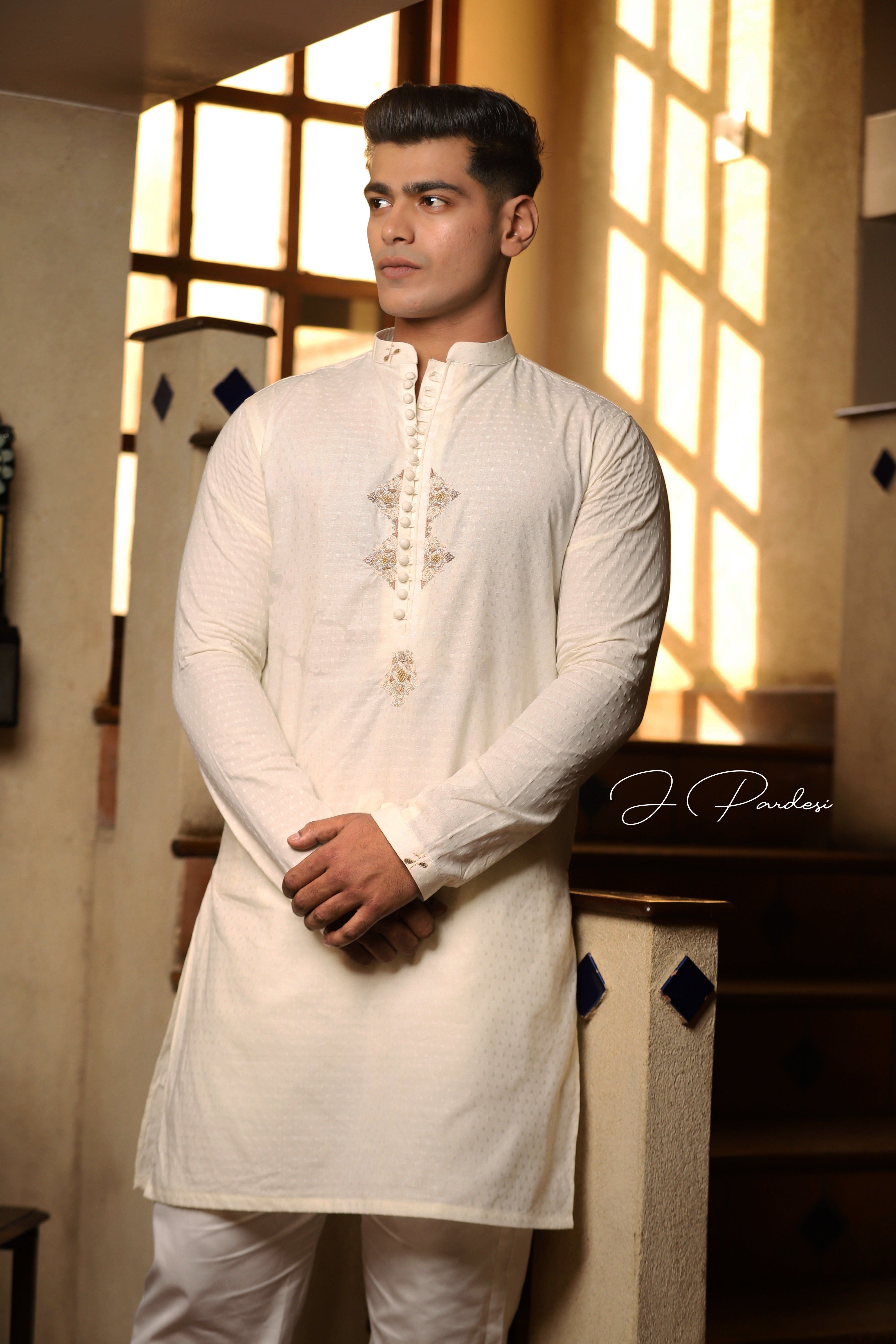 Cream Hand Embroidered Textured Cotton Kurta (2-Piece) - Image 1