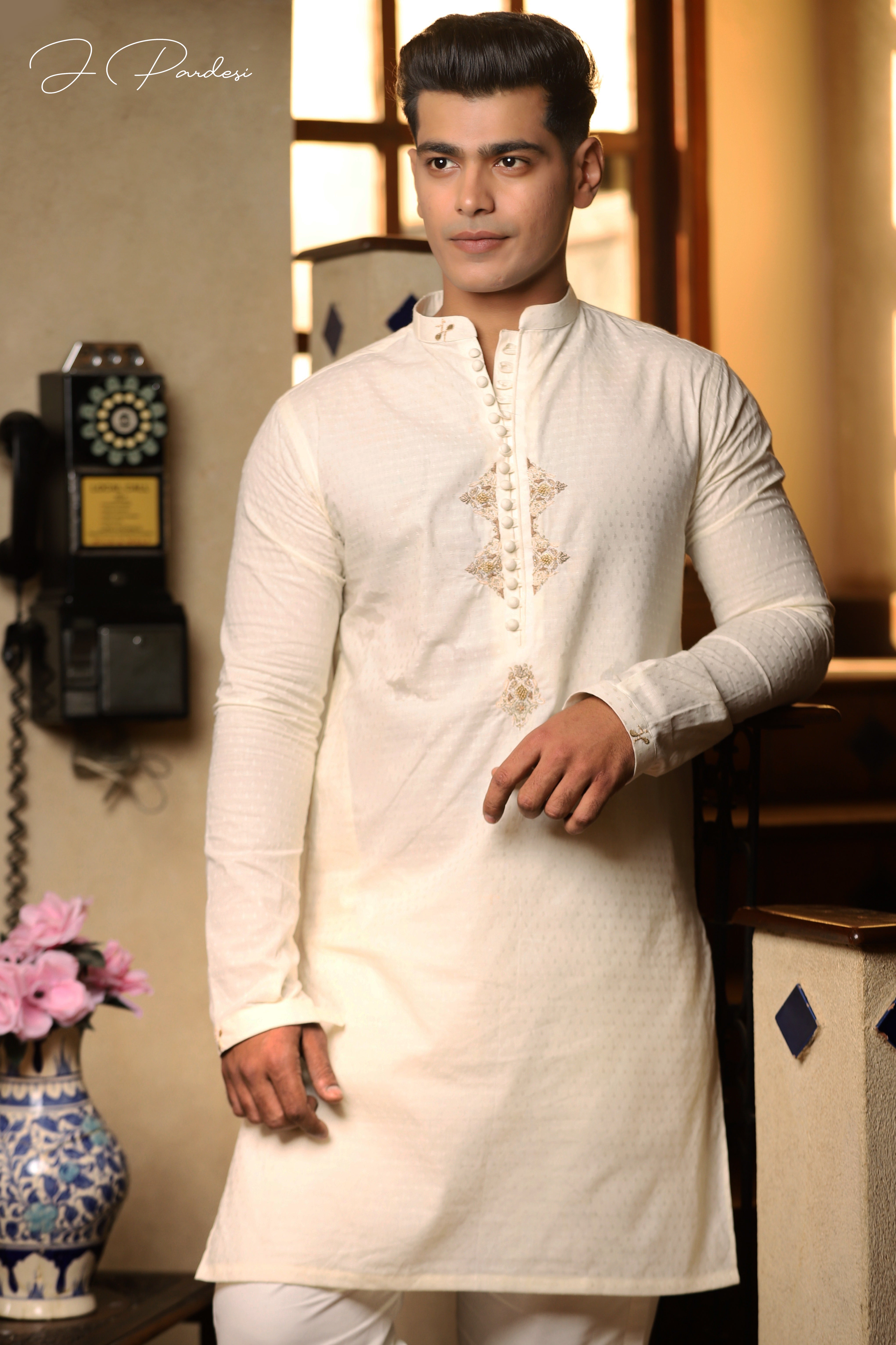 Cream Hand Embroidered Textured Cotton Kurta (2-Piece) - Image 3
