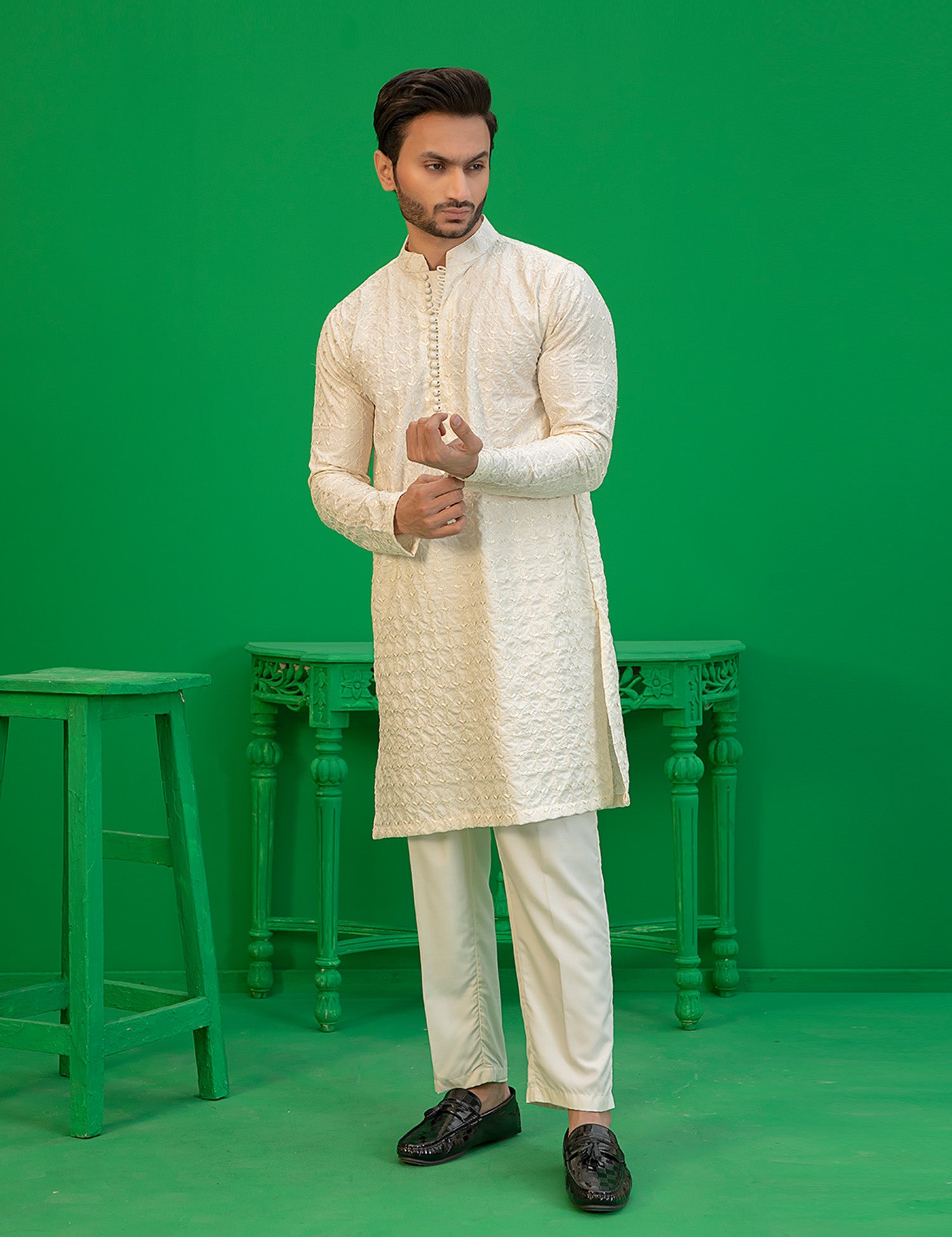 Off-White Embroidered Wash N Wear Kurta (2-Piece) - Image 1