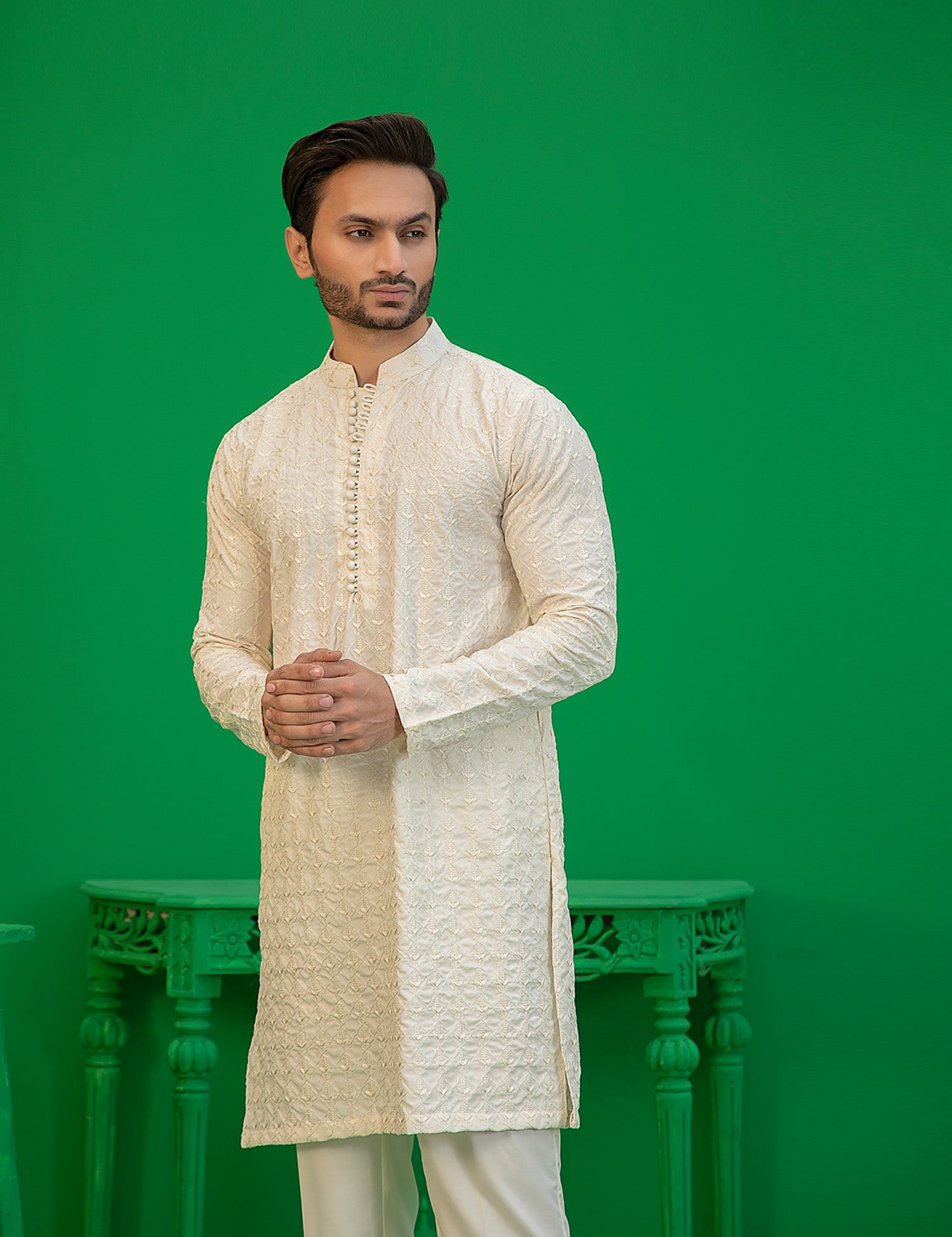 Off-White Embroidered Wash N Wear Kurta (2-Piece) - Image 5