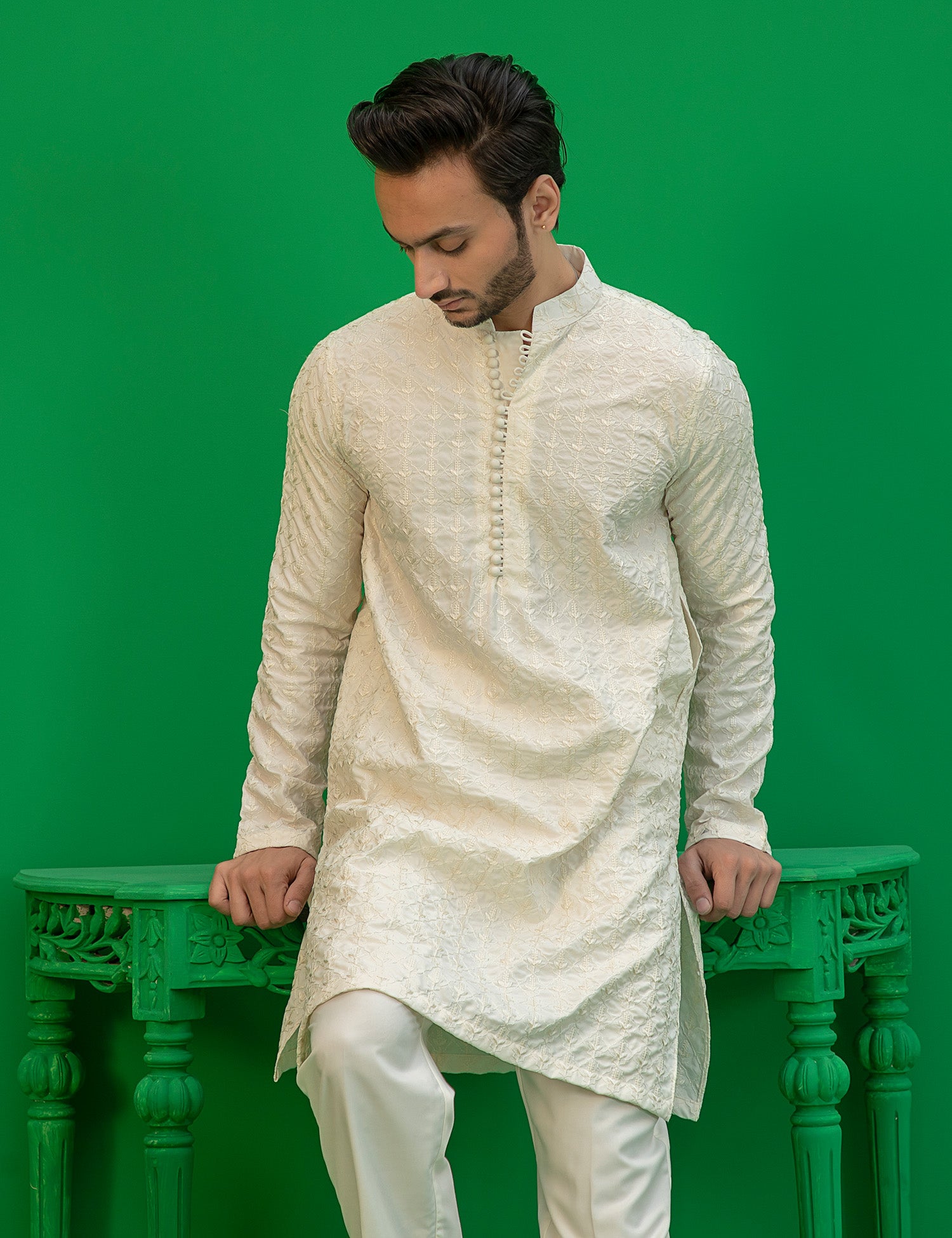 Off-White Embroidered Wash N Wear Kurta (2-Piece) - Image 9