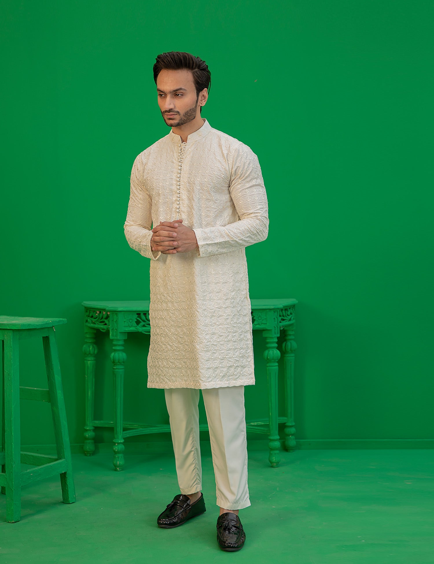 Off-White Embroidered Wash N Wear Kurta (2-Piece) - Image 2