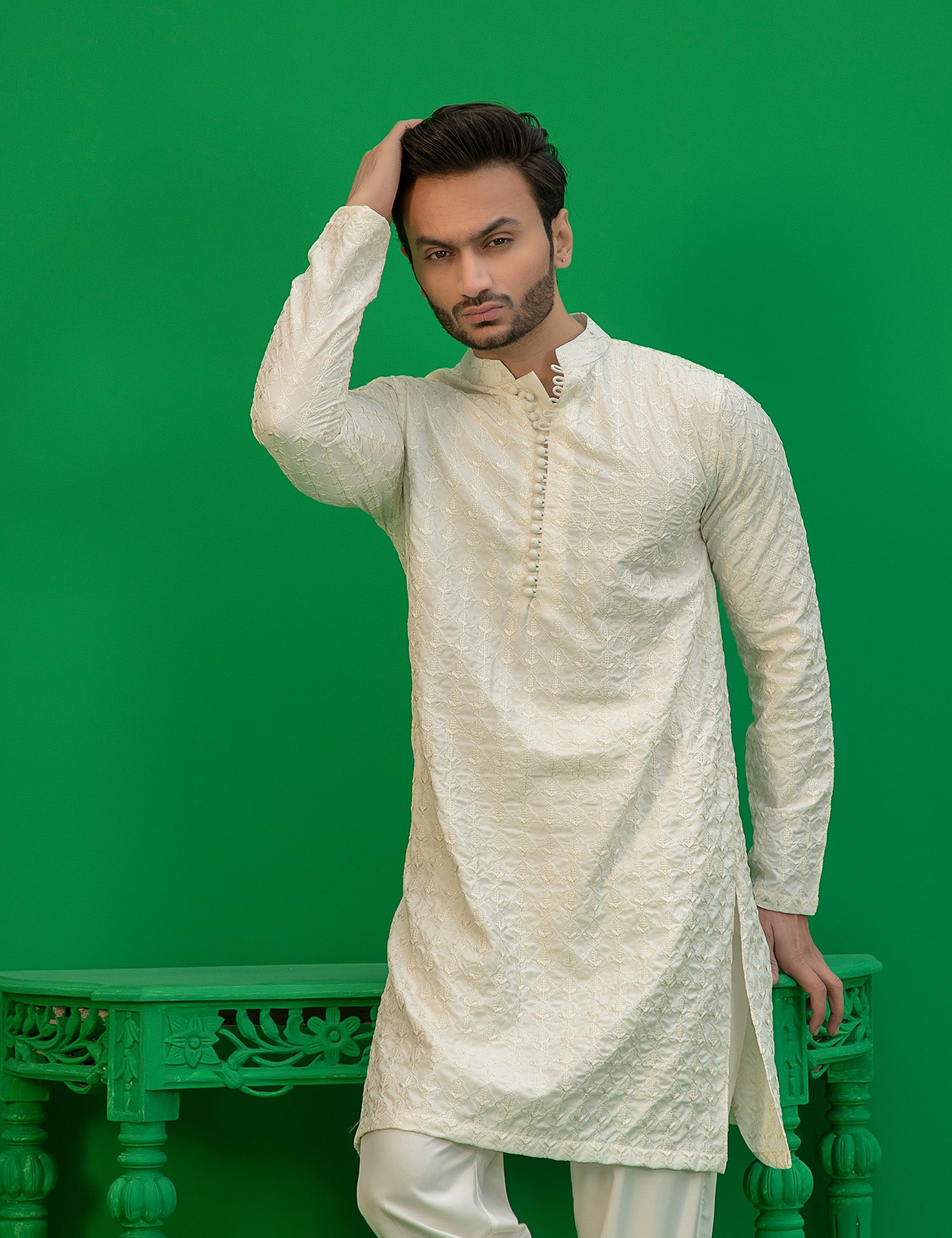 Off-White Embroidered Wash N Wear Kurta (2-Piece) - Image 7