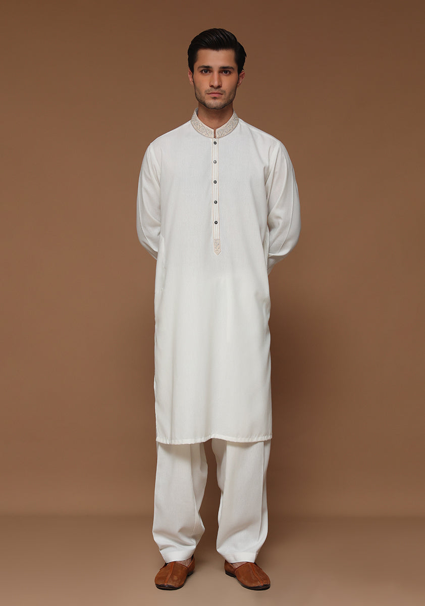 Ivory Embroidered Ayuthia Blend Kurta Shalwar (2-Piece) - Image 1