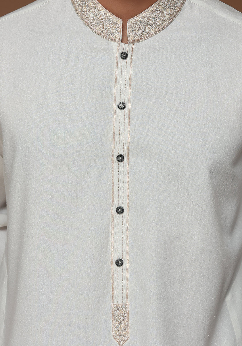 Ivory Embroidered Ayuthia Blend Kurta Shalwar (2-Piece) - Image 2