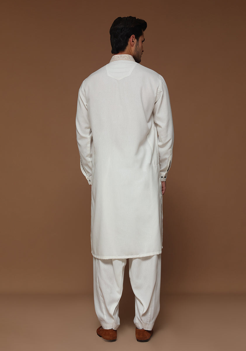 Ivory Embroidered Ayuthia Blend Kurta Shalwar (2-Piece) - Image 5