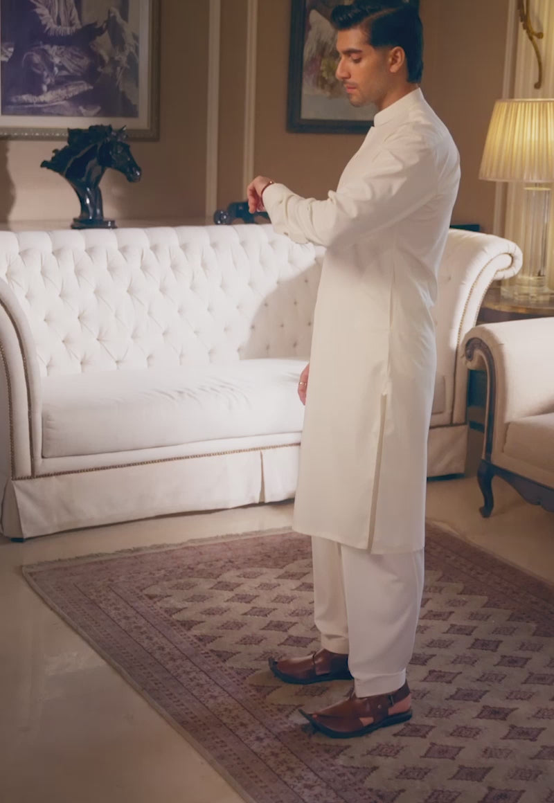 Off White Blended Fabric Kurta Shalwar (2-Piece) - Image 2