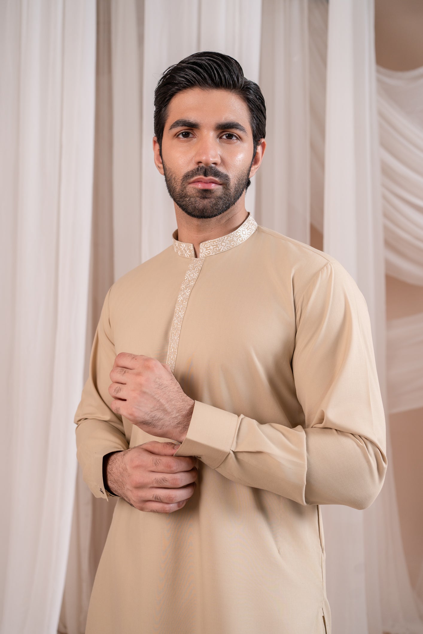 Ivory Embroidered Blended Fabric Kurta Shalwar (2-Piece) - Image 1